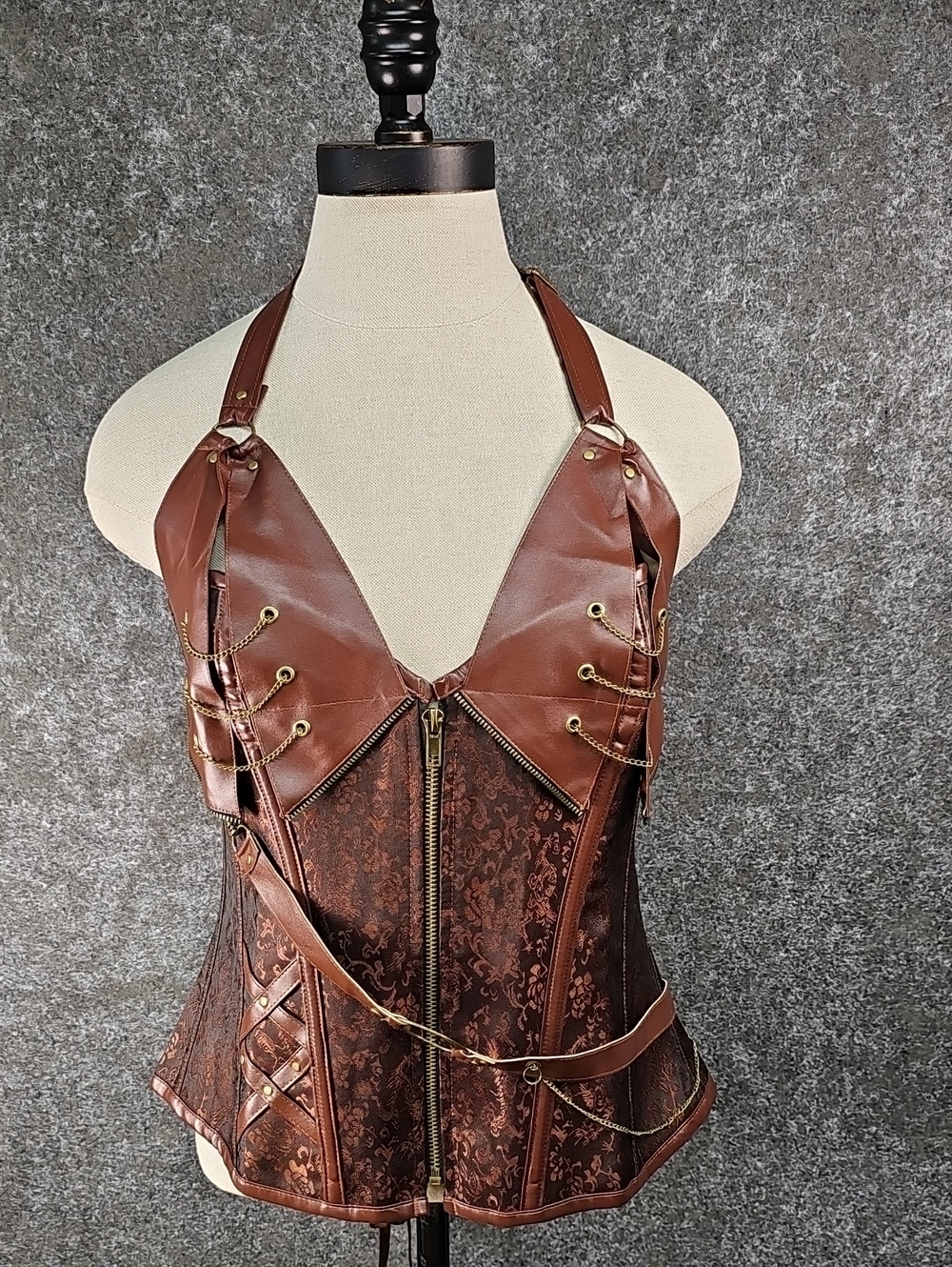 Brown Brocade & Vegan Leather Corset, Zip Up, Size Large, Steampunk, Medieval